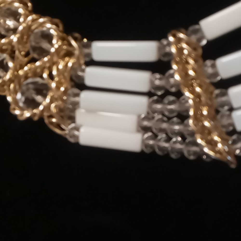 Napier milk glass, gold & crystal cut clear glass beaded collar or bib necklace - Picture 4 of 9